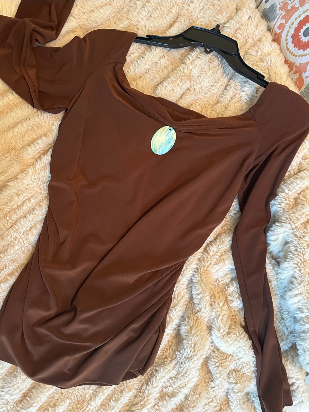 Long Sleeve Chocolate Brown Draped Women's Dress